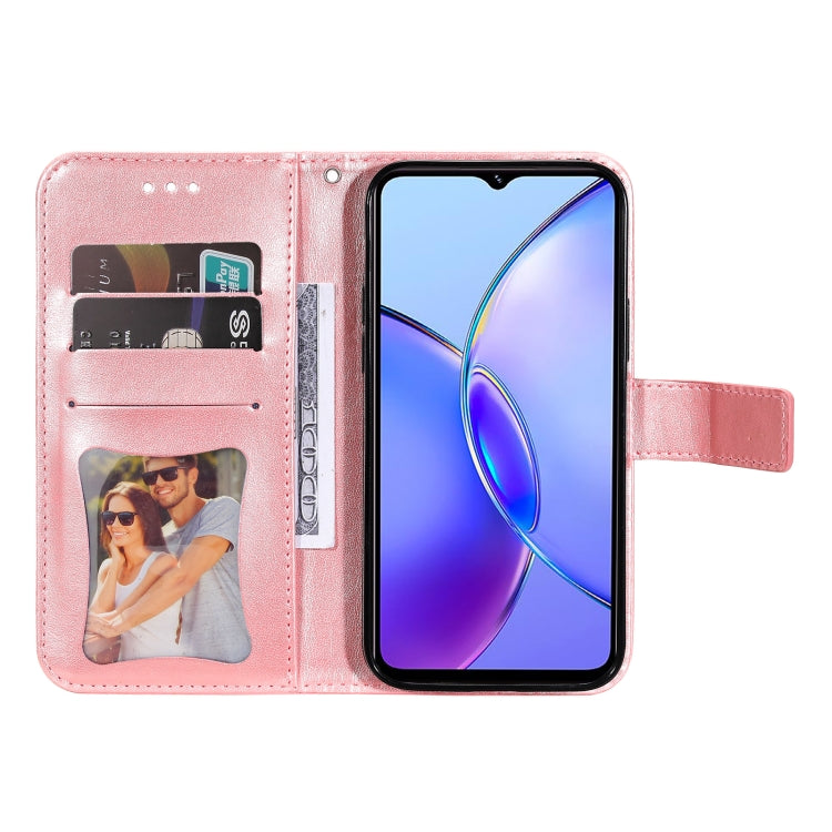 Rose gold leather phone case for Vivo Y17s with 7-petal flower embossing, showcasing its stylish design and functionality.