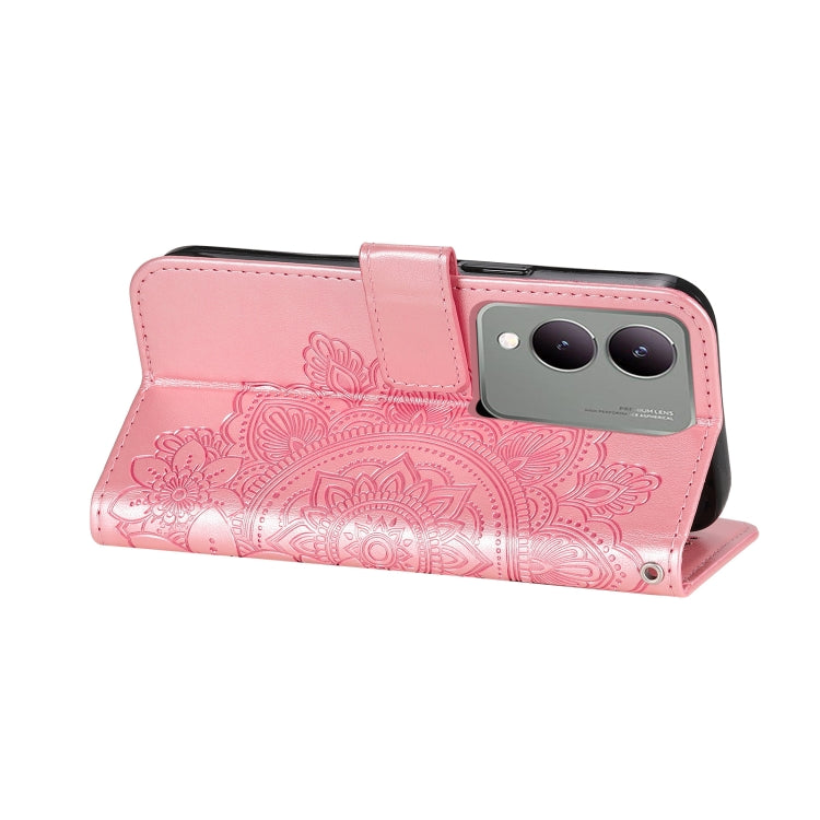 Rose gold leather phone case for Vivo Y17s with 7-petal flower embossing, showcasing its stylish design and functionality.