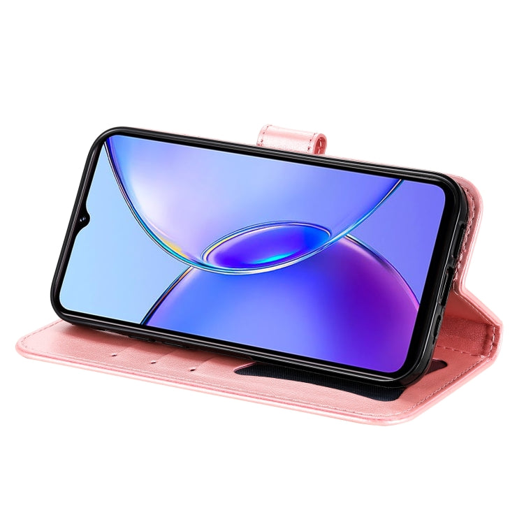 Rose gold leather phone case for Vivo Y17s with 7-petal flower embossing, showcasing its stylish design and functionality.