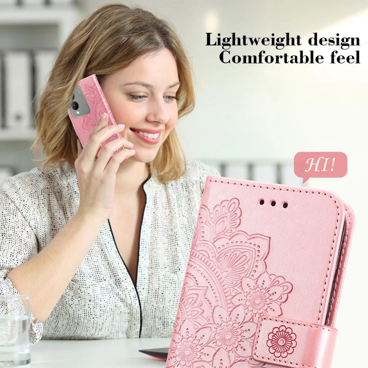Rose gold leather phone case for Vivo Y17s with 7-petal flower embossing, showcasing its stylish design and functionality.