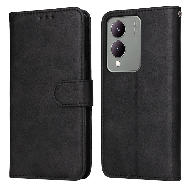 For Vivo Y17s Classic Calf Texture Flip Leather Phone Case in black, showcasing premium PU leather and a kickstand feature.