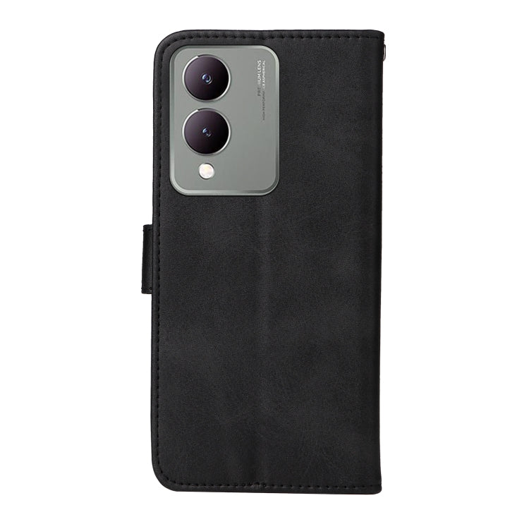 For Vivo Y17s Classic Calf Texture Flip Leather Phone Case in black, showcasing premium PU leather and a kickstand feature.