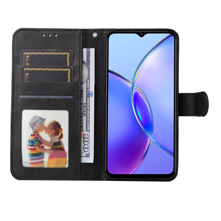 For Vivo Y17s Classic Calf Texture Flip Leather Phone Case in black, showcasing premium PU leather and a kickstand feature.