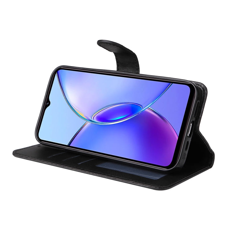 For Vivo Y17s Classic Calf Texture Flip Leather Phone Case in black, showcasing premium PU leather and a kickstand feature.