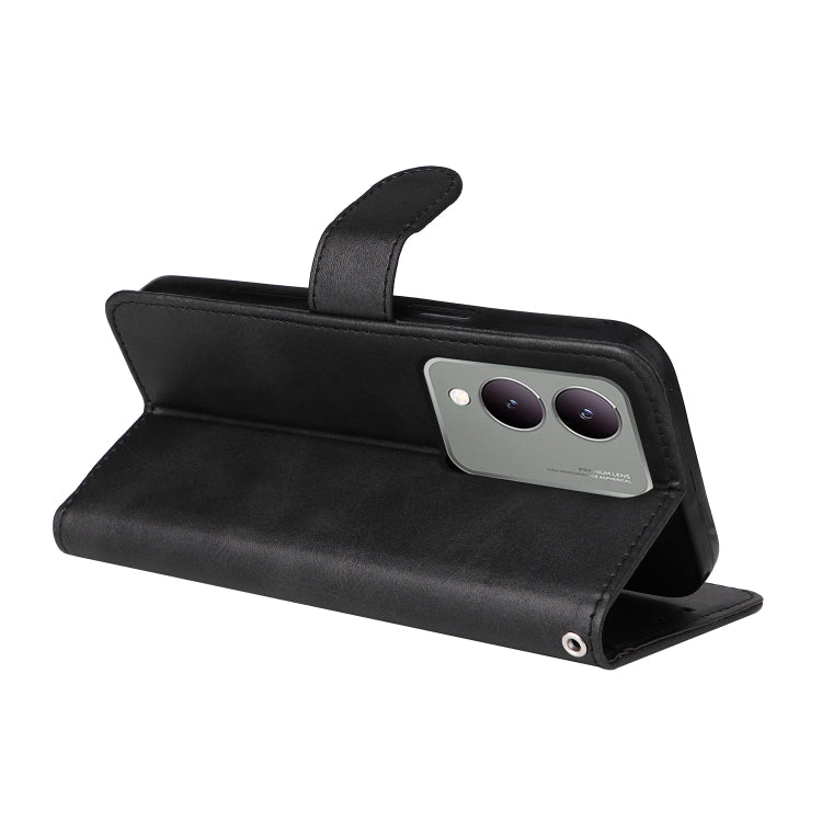For Vivo Y17s Classic Calf Texture Flip Leather Phone Case in black, showcasing premium PU leather and a kickstand feature.