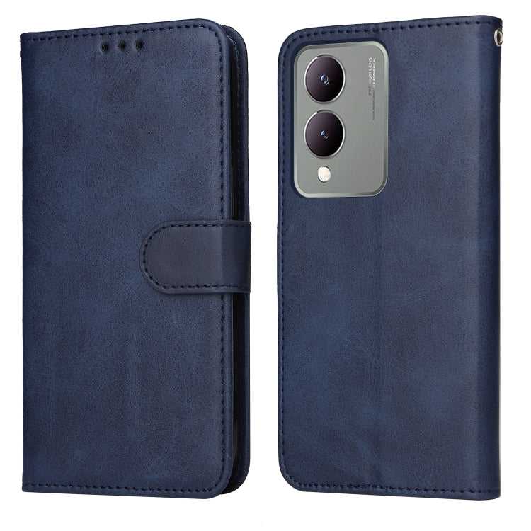 Blue flip leather phone case for Vivo Y17s with calf texture, featuring card slots and a kickstand.