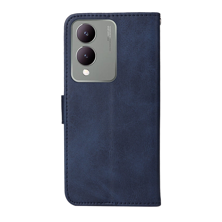 Blue flip leather phone case for Vivo Y17s with calf texture, featuring card slots and a kickstand.