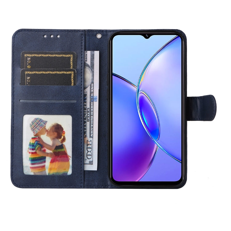 Blue flip leather phone case for Vivo Y17s with calf texture, featuring card slots and a kickstand.
