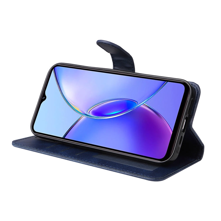 Blue flip leather phone case for Vivo Y17s with calf texture, featuring card slots and a kickstand.