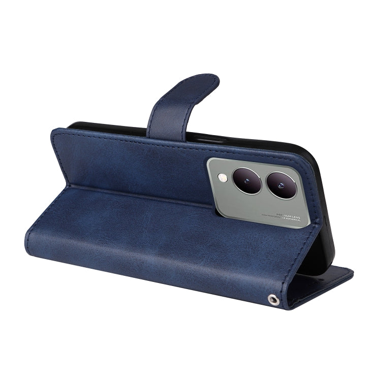 Blue flip leather phone case for Vivo Y17s with calf texture, featuring card slots and a kickstand.