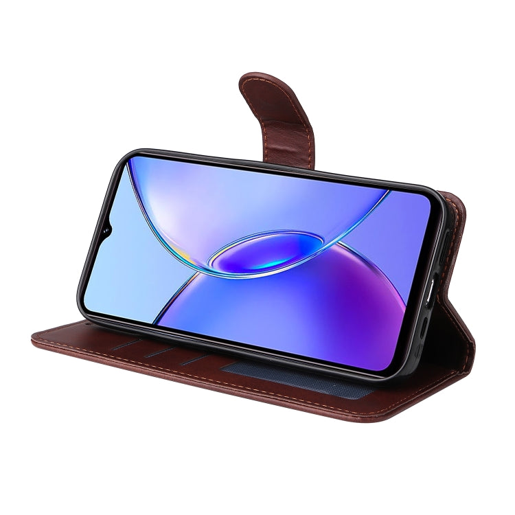 Brown flip leather phone case for Vivo Y17s, showcasing premium PU leather and a kickstand feature.