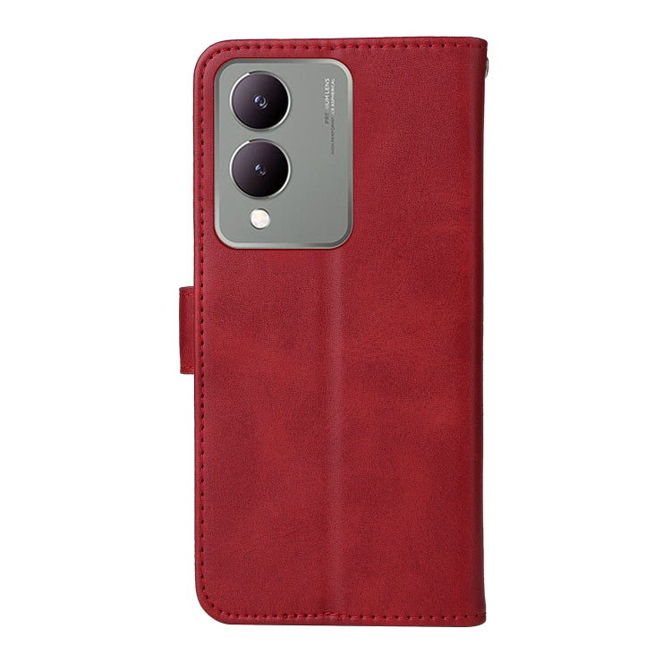 Red flip leather phone case for Vivo Y17s with calf texture, featuring card slots and a kickstand.