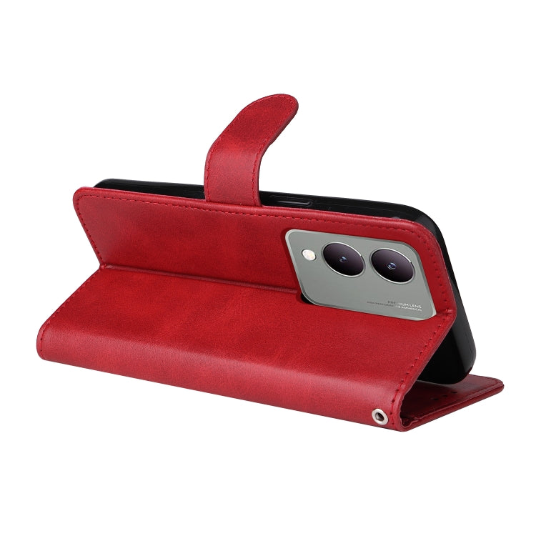 Red flip leather phone case for Vivo Y17s with calf texture, featuring card slots and a kickstand.