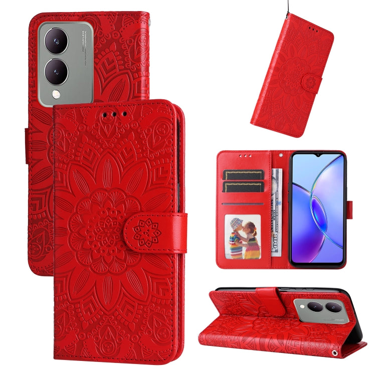 Red embossed sunflower leather phone case designed for Vivo Y17s, showcasing its stylish and durable features.
