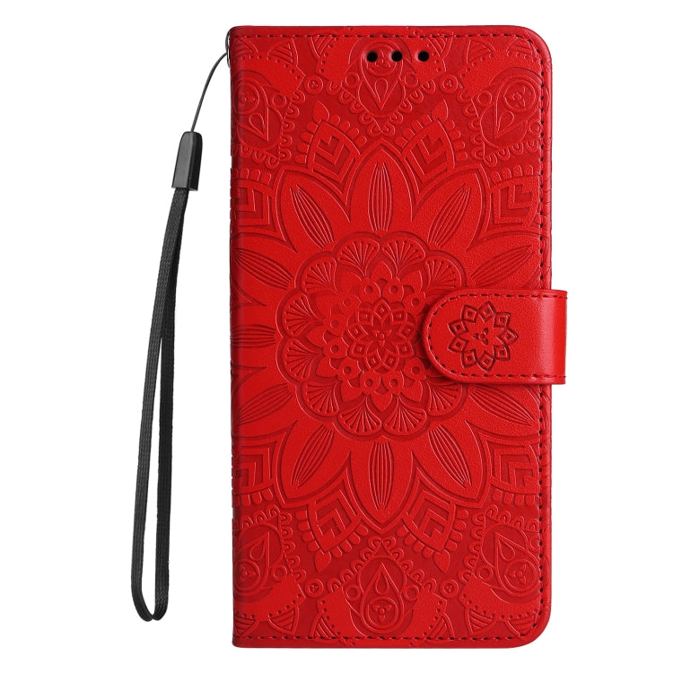 Red embossed sunflower leather phone case designed for Vivo Y17s, showcasing its stylish and durable features.