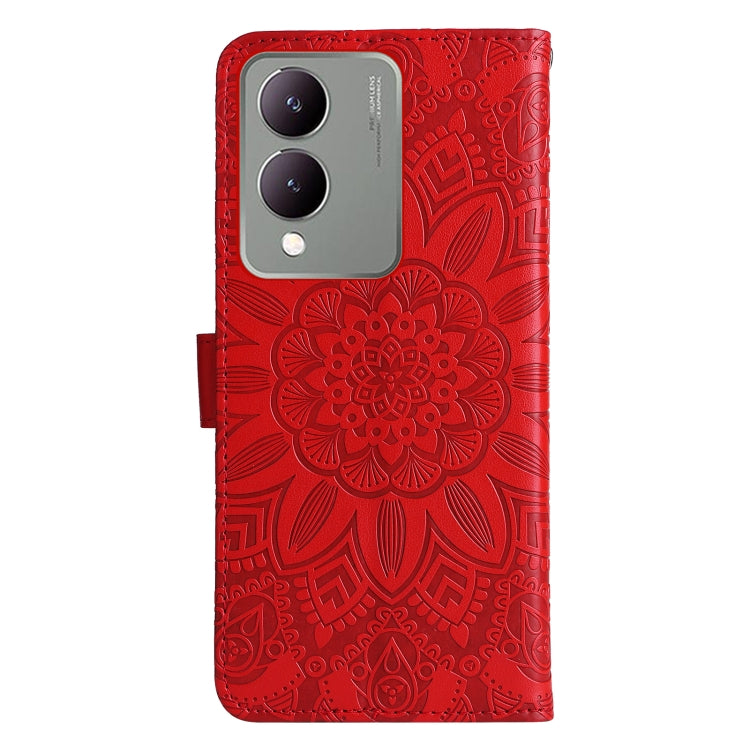 Red embossed sunflower leather phone case designed for Vivo Y17s, showcasing its stylish and durable features.