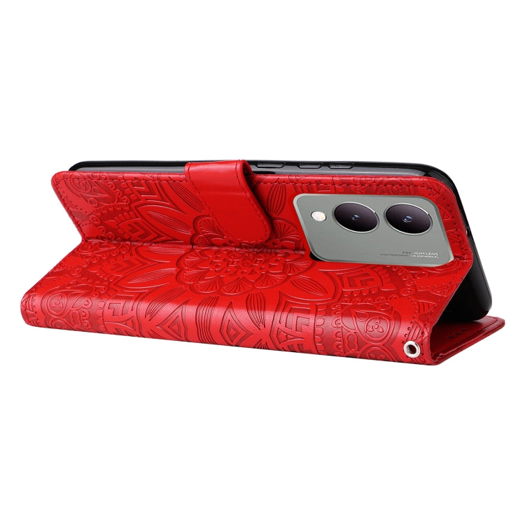 Red embossed sunflower leather phone case designed for Vivo Y17s, showcasing its stylish and durable features.
