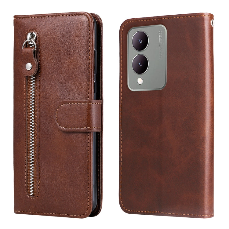 Brown leather phone case for Vivo Y17s with zipper and card slots, showcasing calf texture design.