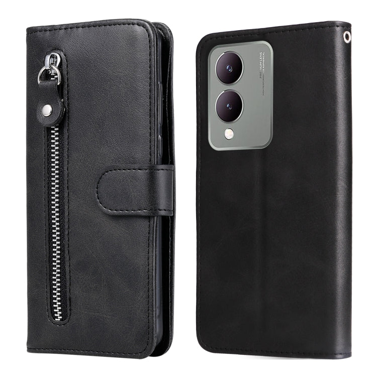 Black leather phone case for Vivo Y17s with calf texture and zipper design, showcasing card slots and a holder for horizontal viewing.