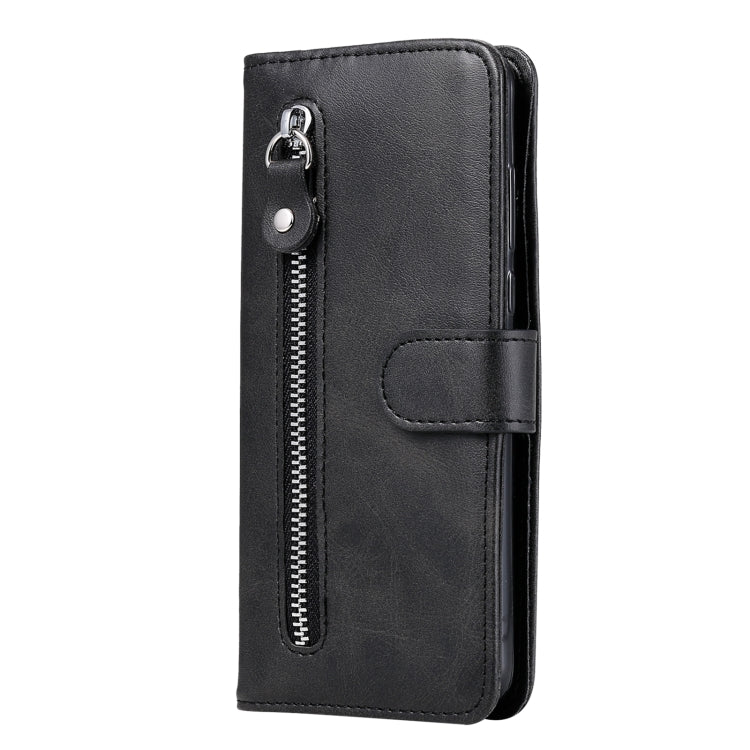 Black leather phone case for Vivo Y17s with calf texture and zipper design, showcasing card slots and a holder for horizontal viewing.