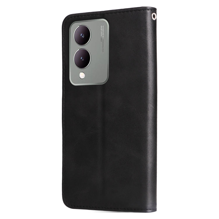 Black leather phone case for Vivo Y17s with calf texture and zipper design, showcasing card slots and a holder for horizontal viewing.