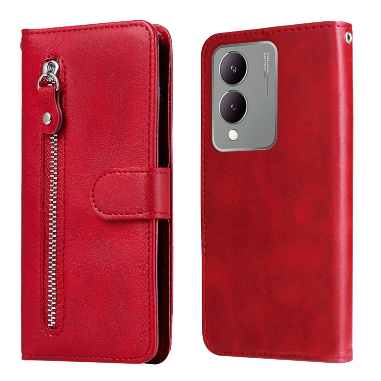 Red leather phone case for Vivo Y17s with zipper and card slots, showcasing calf texture design.