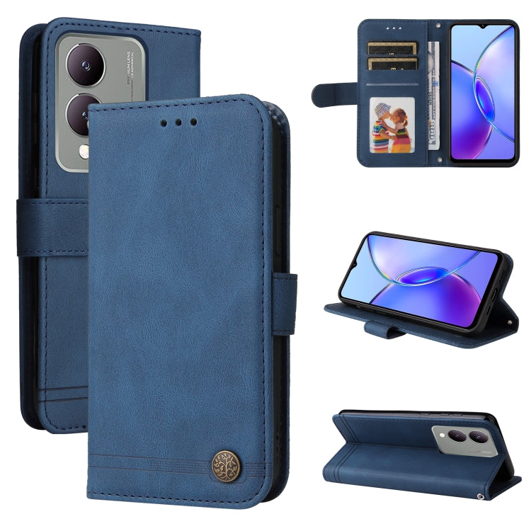 For Vivo Y17s leather phone case featuring a life tree design and metal button, showcasing its stylish and functional attributes.
