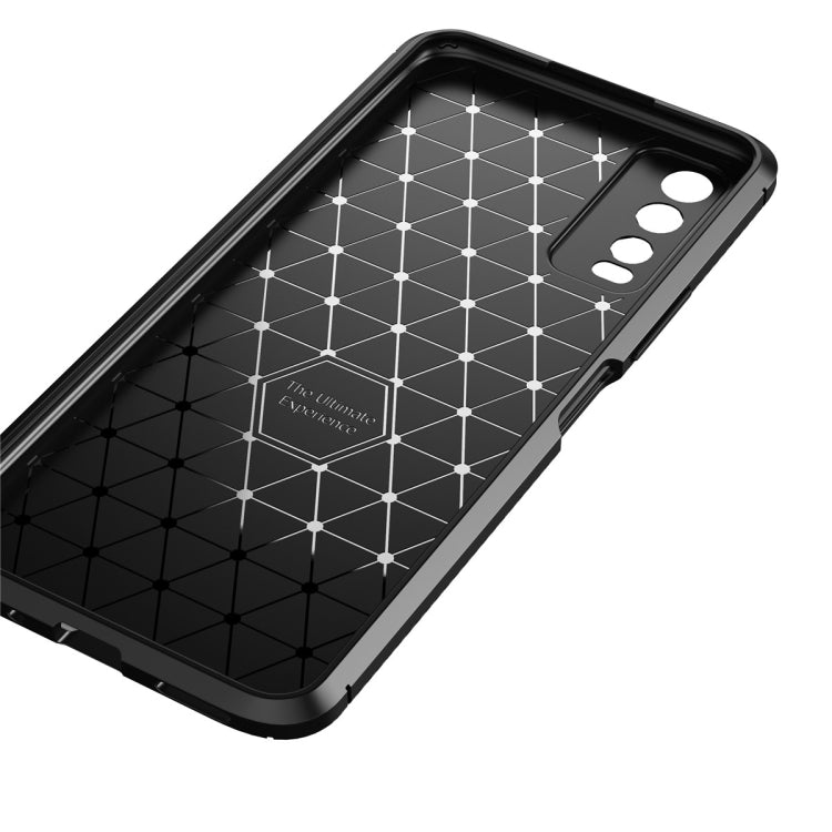 Brown carbon fiber texture shockproof TPU case for Vivo Y20, showcasing its sleek design and protective features.