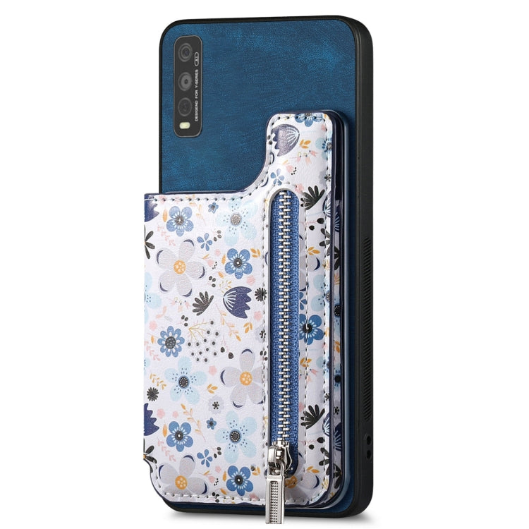 Blue zipper wallet case for Vivo Y20, featuring card slots and kickstand functionality.