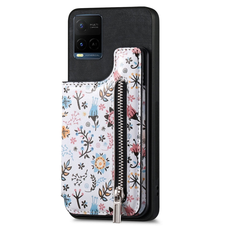 Black Retro Painted Zipper Wallet Back Phone Case for Vivo Y21 2021, showcasing its stylish design and functional features.