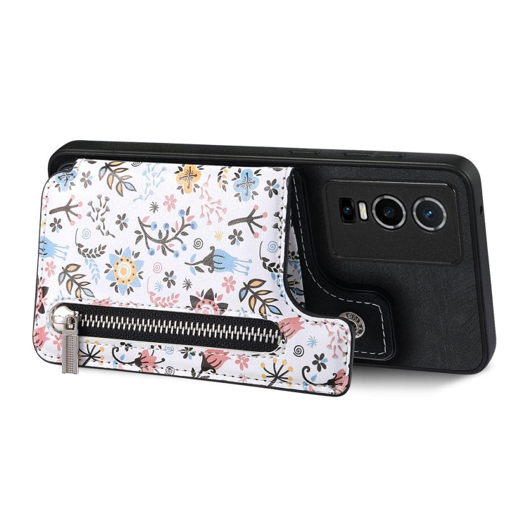 Black Retro Painted Zipper Wallet Back Phone Case for Vivo Y21 2021, showcasing its stylish design and functional features.