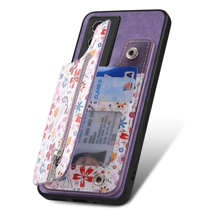 Purple retro painted zipper wallet case for Vivo Y35 4G, showcasing its stylish design and card slots.