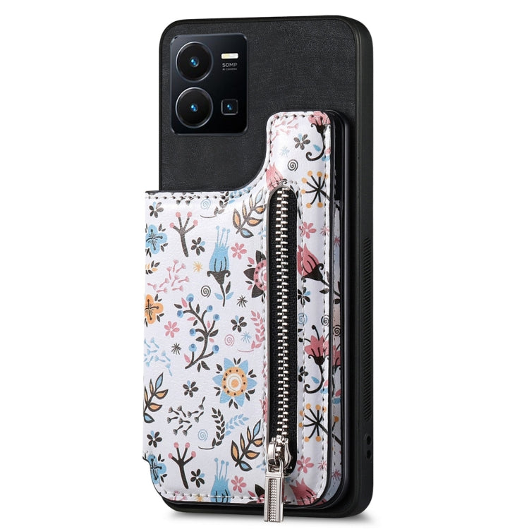 For Vivo Y35 Retro Painted Zipper Wallet Back Phone Case in black, showcasing its stylish design and functional features.