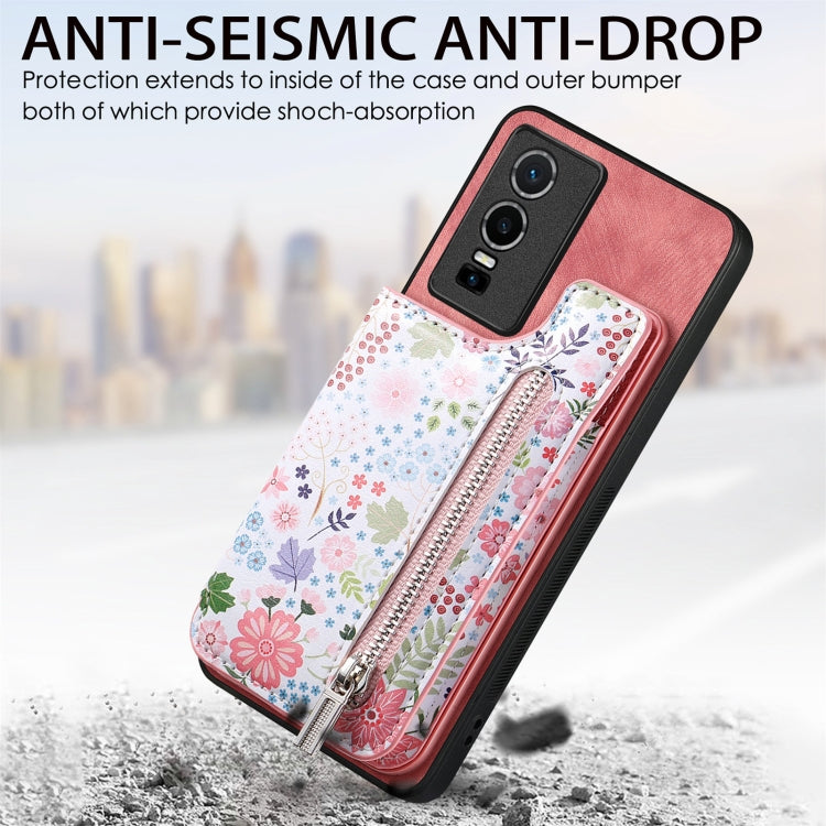 Pink retro painted zipper wallet case for Vivo Y35, showcasing card slots and kickstand feature.