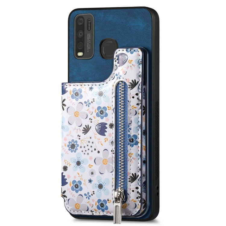 Blue retro painted zipper wallet case for Vivo Y50, showcasing card slots and kickstand feature.