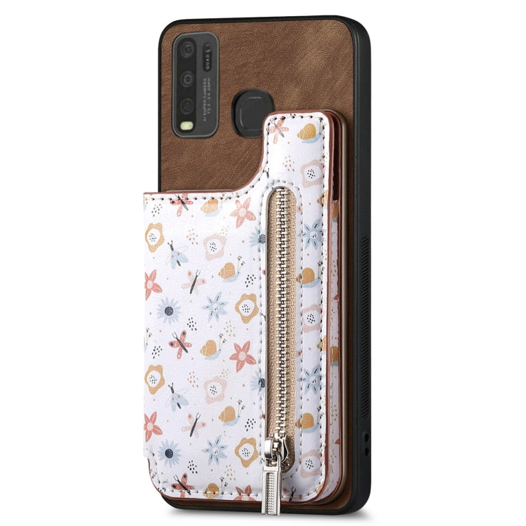 Brown retro painted zipper wallet case for Vivo Y50, showcasing its stylish design and functional card slots.