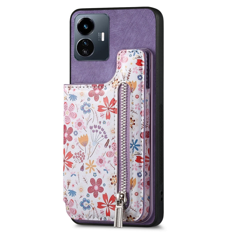 Purple retro painted zipper wallet case for Vivo Y77 5G, showcasing its stylish design and functional features.
