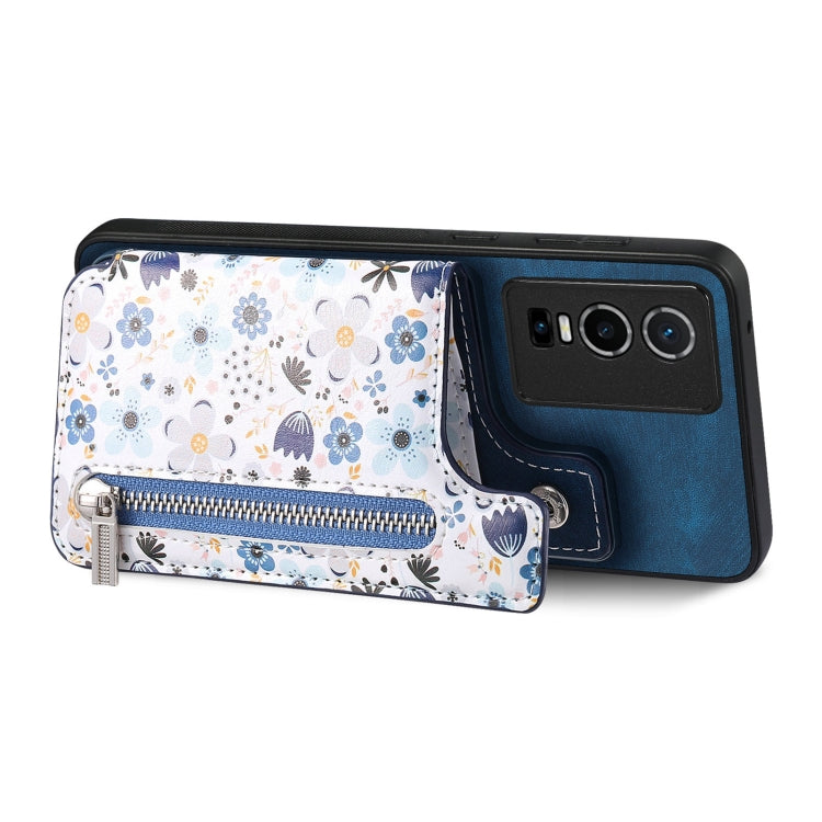 Blue retro painted zipper wallet back phone case for Vivo Y70s, showcasing its stylish design and functional features.