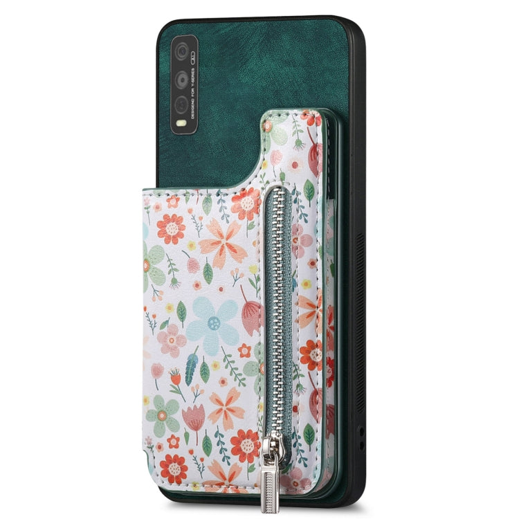 Green retro painted zipper wallet case for Vivo Y70s, showcasing card slots and kickstand feature.