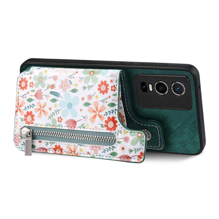 Green retro painted zipper wallet case for Vivo Y70s, showcasing card slots and kickstand feature.