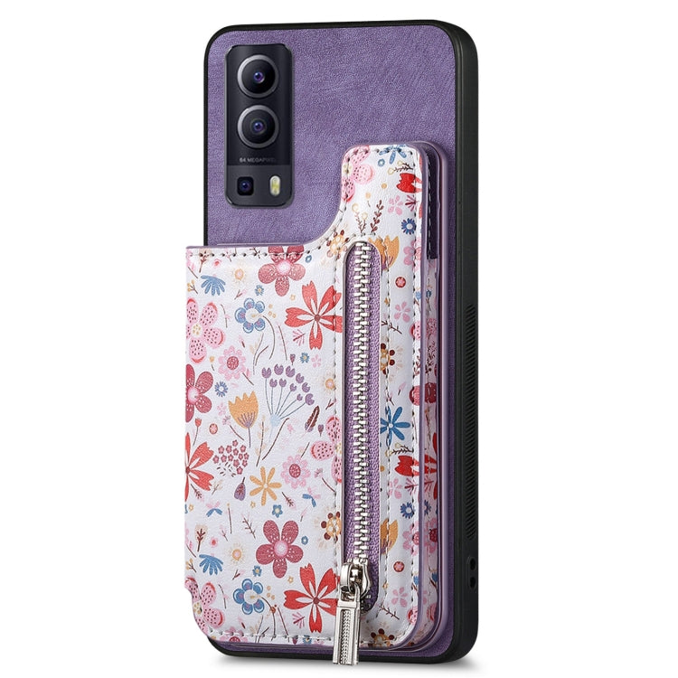 Purple retro painted zipper wallet case for Vivo Y72 5G, showcasing its stylish design and functional features.