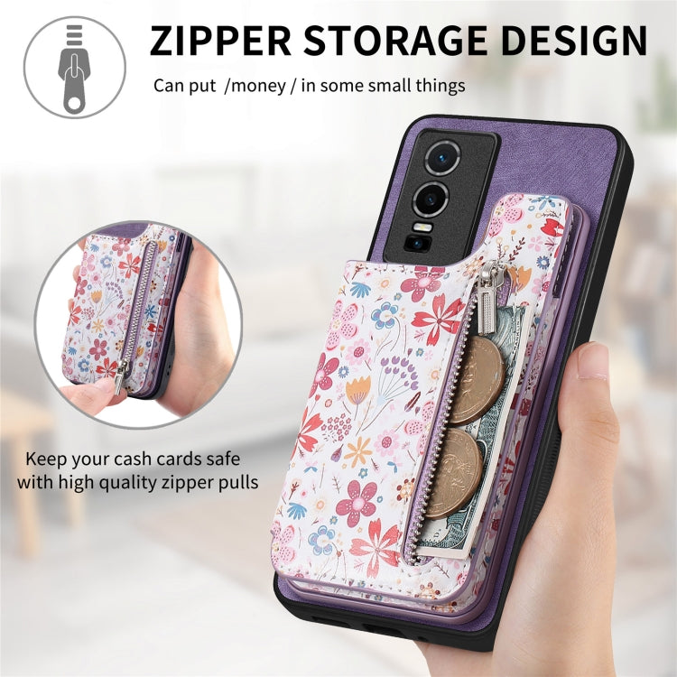 Purple retro painted zipper wallet case for Vivo Y72 5G, showcasing its stylish design and functional features.