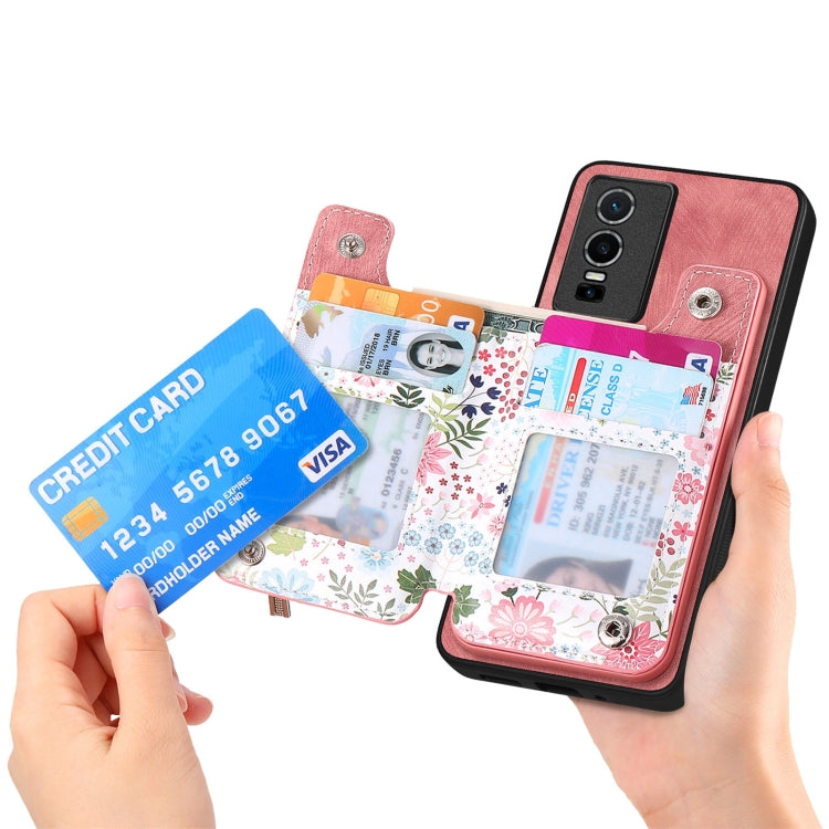 Pink retro painted zipper wallet case for Vivo Y78, showcasing card slots and kickstand feature.
