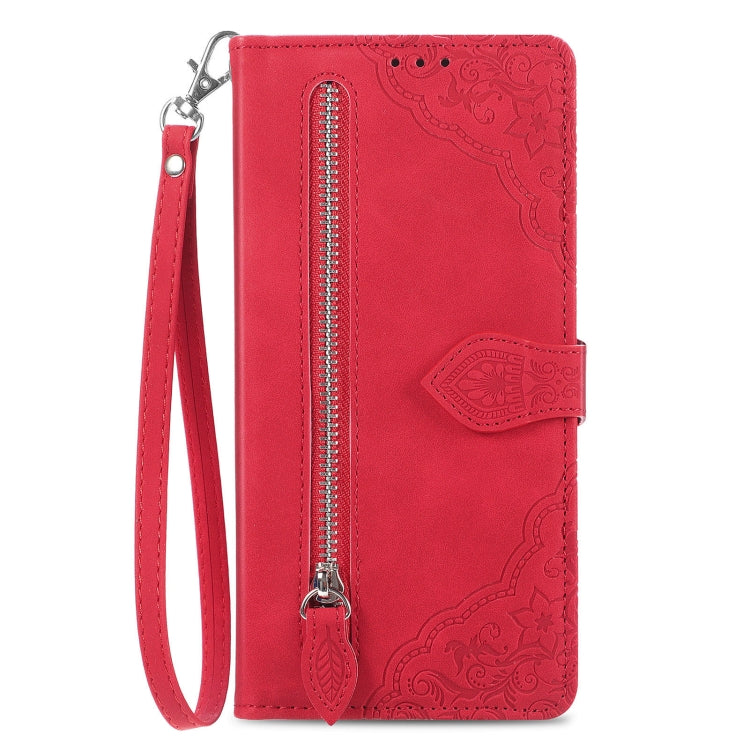 Stylish embossed flower zipper leather phone case for Xiaomi 13T and 13T Pro, showcasing its durable design and practical features.