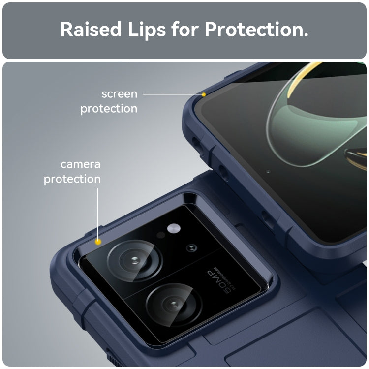 Blue TPU phone case designed for Xiaomi 13T Pro, showcasing full coverage and shockproof features.