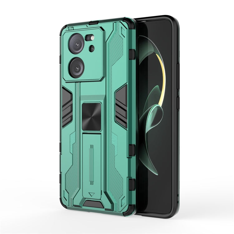 Green hybrid TPU and PC phone case for Xiaomi 13T Pro, showcasing its stylish design and precise cut-outs.