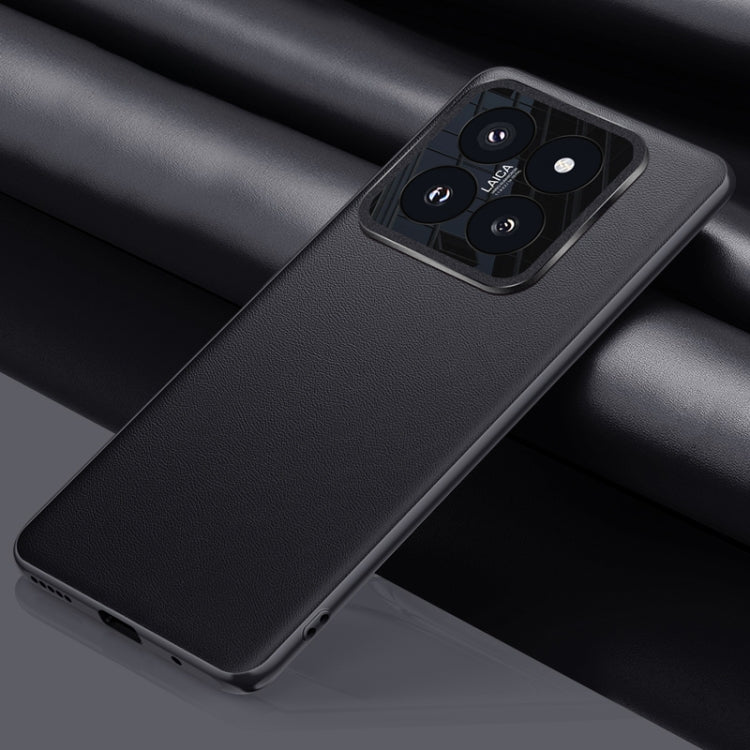 For Xiaomi 14 Pro Plain-leather Shockproof Phone Case in elegant design, showcasing PU leather and silicone frame.