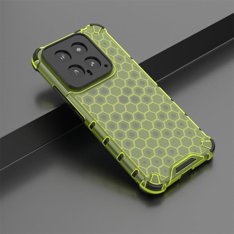 Green shockproof honeycomb phone case for Xiaomi 14, showcasing its stylish design and durable material.