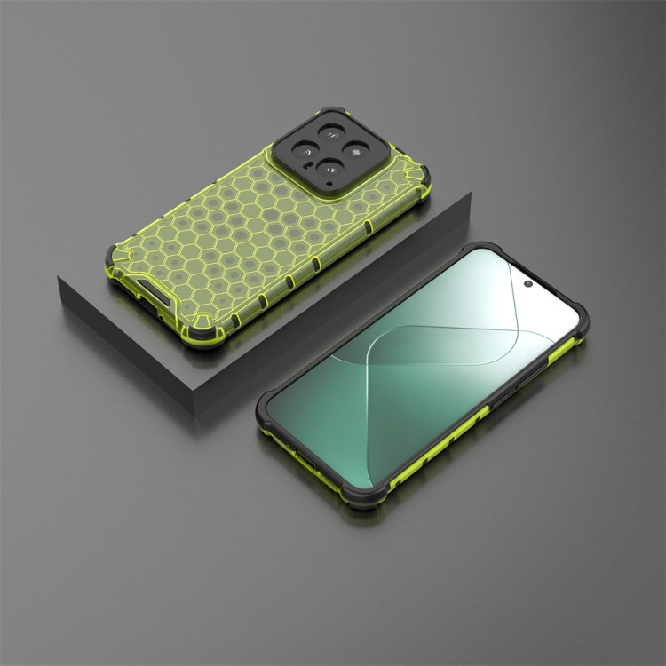 Green shockproof honeycomb phone case for Xiaomi 14, showcasing its stylish design and durable material.