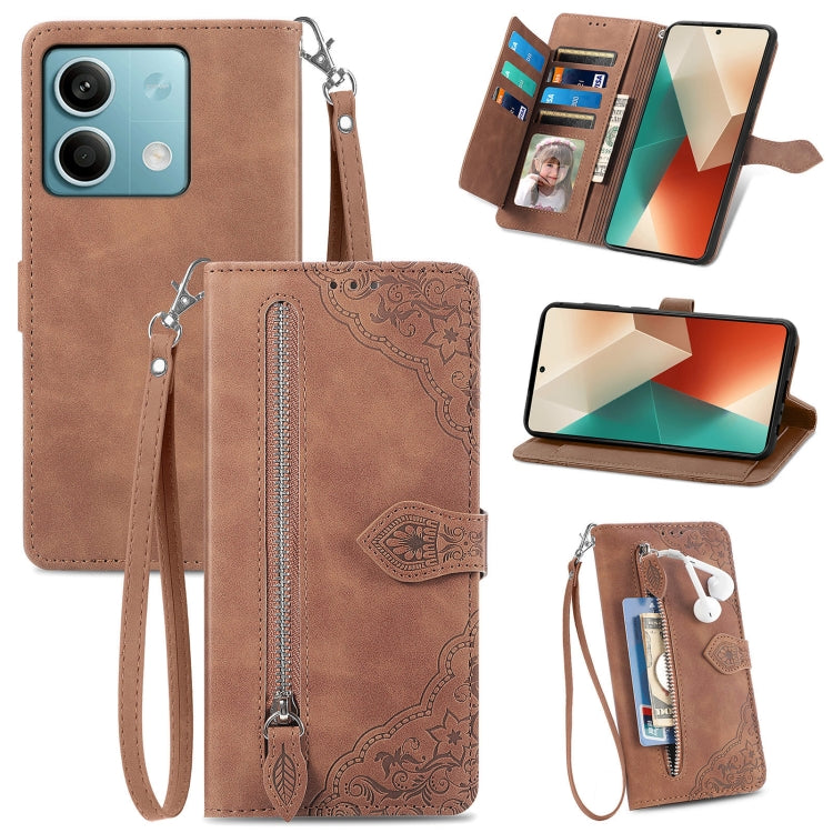Stylish embossed flower zipper leather phone case for Xiaomi Redmi K60 Ultra, showcasing its elegant design and practical features.